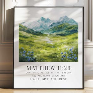 Arte mural con versículo bíblico de Mateo 11:28, paisaje montañoso en acuarela, impresión digital de las Escrituras, decoración cristiana, arte mural de fe de galería