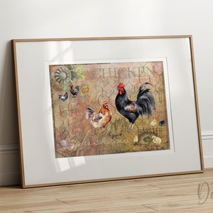Whimsical Chicken Wall Art, printable art png, instant download DIGITAL Wall Décor, Rooster and Hen Artwork