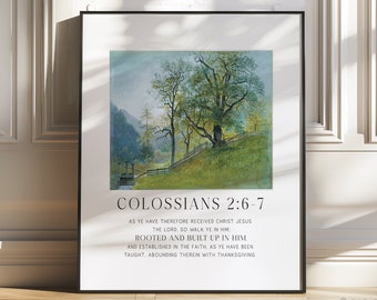 Colossians 2:6-7 Bible Verse Wall Art, Vintage Gallery Tree Scripture Digital, Christian Home Décor, Floral Print, Encouraging Faith Art