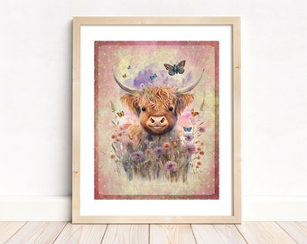 Baby Highland Cow Printable Wall Art, instant download, DIGITAL Print Wall Décor, nursery wall décor, cow pink polka dots