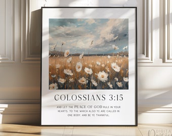 Colossians 3:15 Bible Verse Wall Art, Vintage Floral Daisy Oil Painting, Scripture Print Digital, Christian Décor, Gallery Faith Wall Print