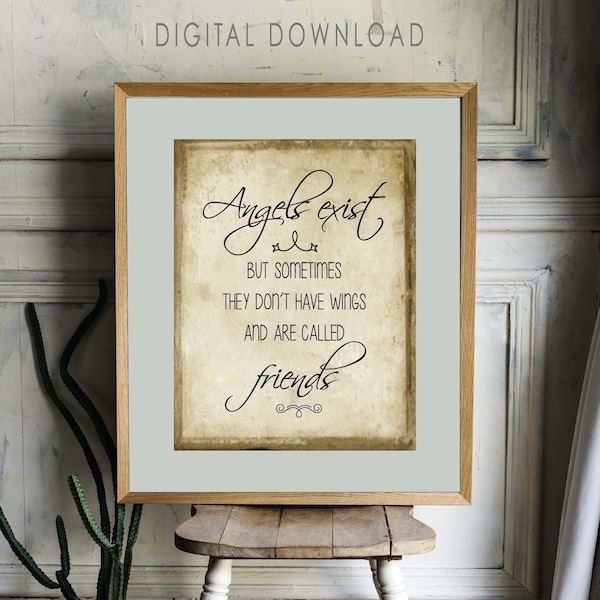 Friendship and Angel Vintage Printable Wall Art, Instant Download, Friendship Quote, Wall Decor, Quote Print, Sign, Gift for Friend