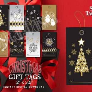 Druckbare Weihnachtsgeschenkanhänger Set von 10 DIGITAL download PNG PDF Elegante Schwarz Gold Weihnachtsgeschenkanhänger