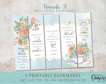 Proverbs 31 Verse Printable Bookmark Set, printable bookmark, reading bookmark, instant download DIGITAL, Floral Women Bible Verses