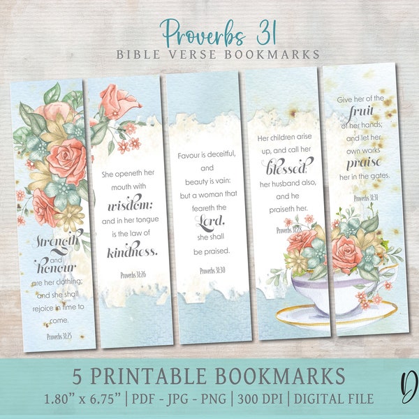 Proverbs 31 Verse Printable Bookmark Set, printable bookmark, reading bookmark, instant download DIGITAL, Floral Women Bible Verses