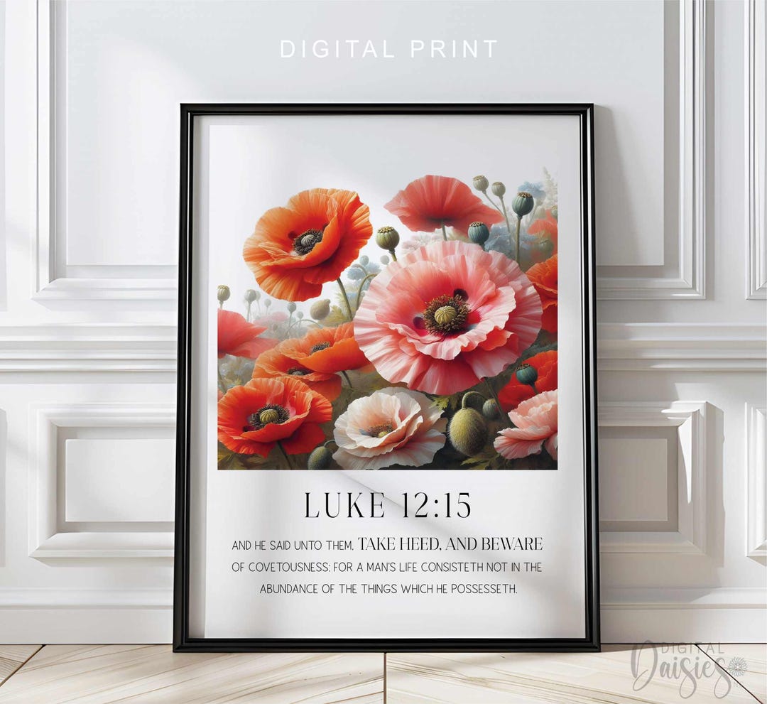 Luke 12:15 Bible Verse Wall Art, Floral Red Poppies Watercolor ...