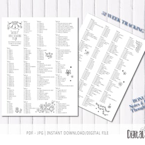 May include: A printable black and white 52-week Bible reading plan tracker with floral illustrations. The tracker includes a weekly checklist for 52 weeks. The text "Weekly Bible Reading Plan" is at the top of the page. The text "52 Week Tracking" is at the top of the second page. The text "Bonus Notes & Daily Thought Pages" is at the bottom of the second page.