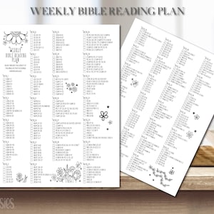 May include: A printable weekly Bible reading plan with checkboxes for each day of the week. The plan includes a list of Bible verses to read each day. The printable is decorated with floral illustrations.