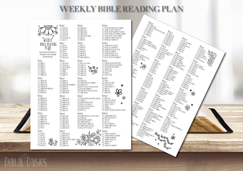 May include: A printable weekly Bible reading plan with checkboxes for each day of the week. The plan includes a list of Bible verses to read each day. The printable is decorated with floral illustrations.