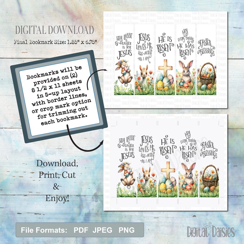 Pasen Bookmark Set, INSTANT digitale download PNG, christelijke religieuze citaten Bunny Cross hij is verrezen afbeelding 3