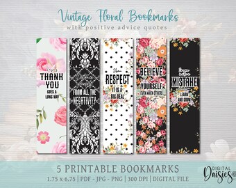 Conjunto de marcadores florales vintage, conjunto de marcadores de flores, descarga digital INSTANTÁNEA PNG, citas de buenos consejos