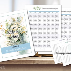 Thematic Bible Reading Plan, Yearly Bible Reading, instant download DIGITAL, printable Bible reading plan, daily bible note tracker