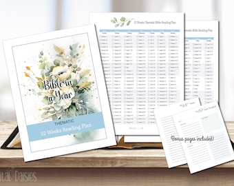 Thematic Bible Reading Plan, Yearly Bible Reading, instant download DIGITAL, printable Bible reading plan, daily bible note tracker