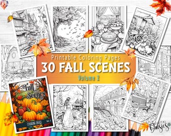 Peut inclure: Un ensemble de 30 pages à colorier imprimables représentant des scènes d'automne. Les pages sont en noir et blanc et comprennent des images de citrouilles, de feuilles, d'arbres et d'autres images sur le thème de l'automne. Le titre de l'ensemble est "30 Scènes d'automne, Volume 2".