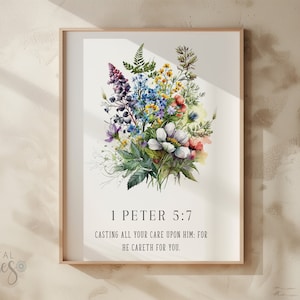 1 Peter 5:7 Wildflower Wall Art, Scripture Art Print Digital, Calming Bible Verse Wall Print, Encouraging Christian Art, Vintage Floral Gift