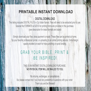 May include: Printable instant download digital file for a Bible study. The text reads "Grab your Bible, print & be inspired!" This is an instant digital download purchase. No physical item will be mailed to you. No returns, exchanges, or cancellations. But please contact me if you have any problems or questions with your order. Thank you and be Blessed!"