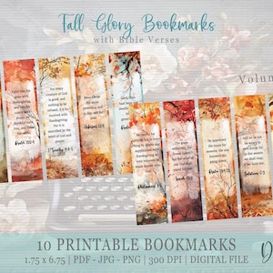 May include: Ten printable bookmarks featuring fall foliage and Bible verses. The bookmarks are 1.75 inches by 6.75 inches and are available in PDF, JPG, and PNG formats. The bookmarks are 300 DPI.