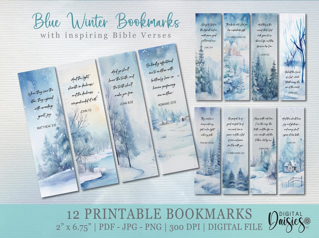 Bible Verse Bookmark Set, Blue Winter Scenes Faith Scriptures, Instant Digital Download PNG ...