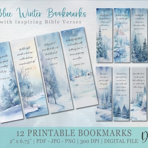 Winter Bible Verse Bookmarks: Blue Watercolor Scenes (Digital Download)