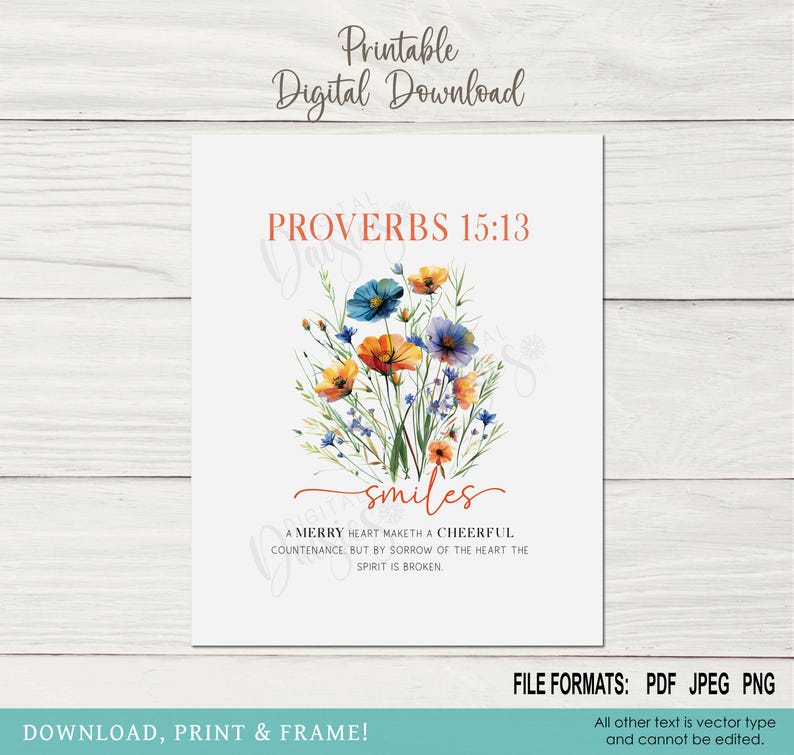 Proverbs 15:13 Wildflower Bible Verse Wall Art, SMILES Scripture Print ...