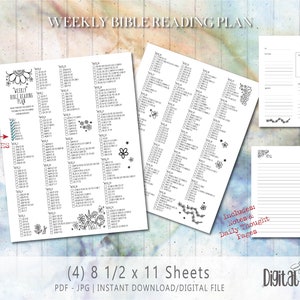 May include: Printable weekly Bible reading plan with checkboxes to mark each day. Includes four 8.5 x 11 inch sheets with floral designs.  PDF and JPG format.