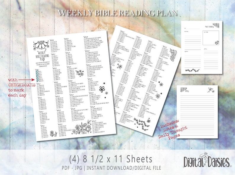 May include: Printable weekly Bible reading plan with checkboxes to mark each day. Includes four 8.5 x 11 inch sheets with floral designs.  PDF and JPG format.