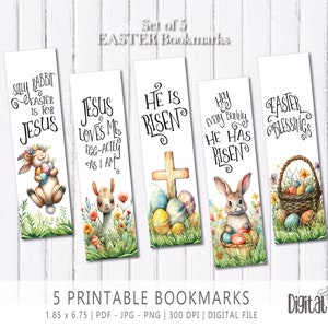 Pasen Bookmark Set, INSTANT digitale download PNG, christelijke religieuze citaten Bunny Cross hij is verrezen afbeelding 5
