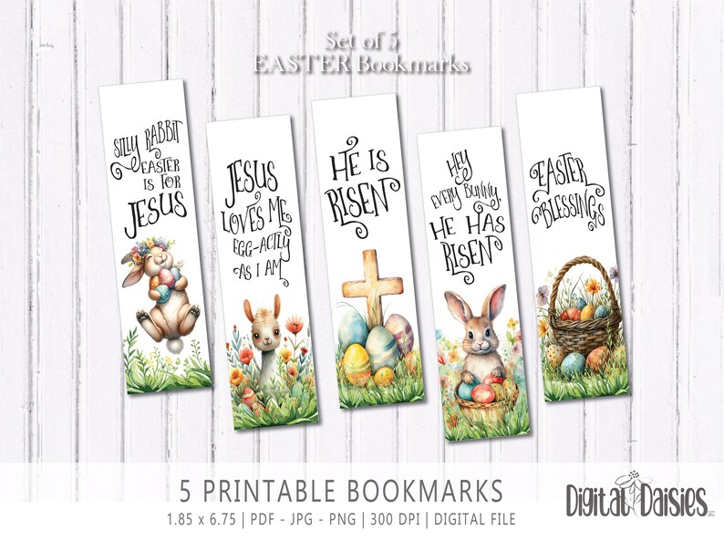 Pasen Bookmark Set, INSTANT digitale download PNG, christelijke religieuze citaten Bunny Cross hij is verrezen afbeelding 5