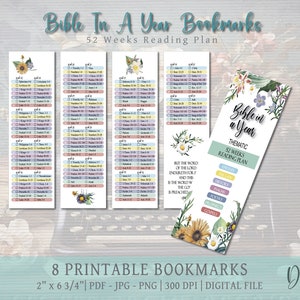 Bible In A Year Digital Bookmarks, bookmarks INSTANT digital download PNG, Religious Inspirational Bookmark, 52 Week Thematic Reading Plan