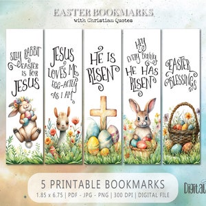 Pasen Bookmark Set, INSTANT digitale download PNG, christelijke religieuze citaten Bunny Cross hij is verrezen afbeelding 1