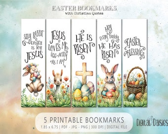 Easter Bookmark Set, INSTANT digital download PNG, Christian Religious Quotes Bunny Cross He Is Risen