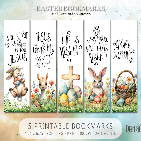 Easter Bookmark Set, INSTANT digital download PNG, Christian Religious Quotes Bunny Cross He Is Risen