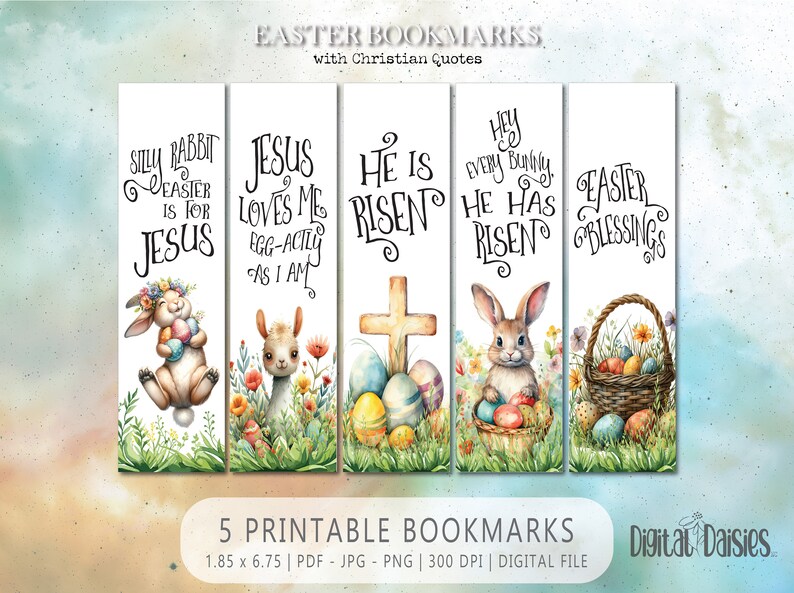 Easter Bookmark Set, INSTANT digital download PNG, Christian Religious Quotes Bunny Cross He Is Risen zdjęcie 1
