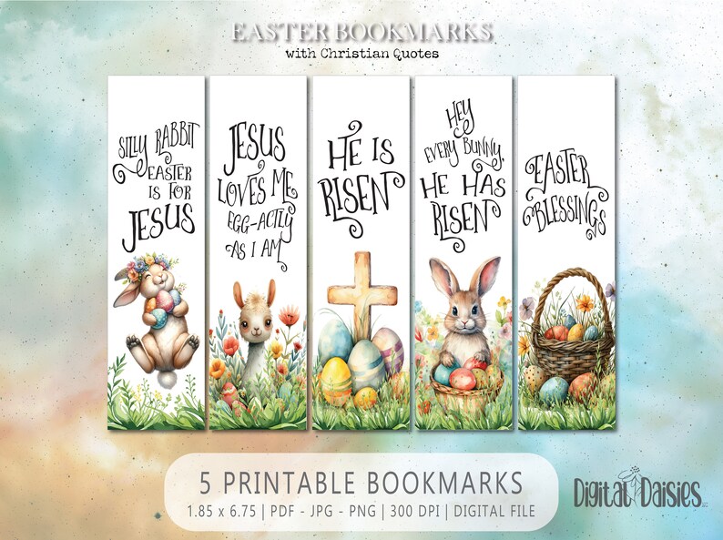 Pasen Bookmark Set, INSTANT digitale download PNG, christelijke religieuze citaten Bunny Cross hij is verrezen afbeelding 1