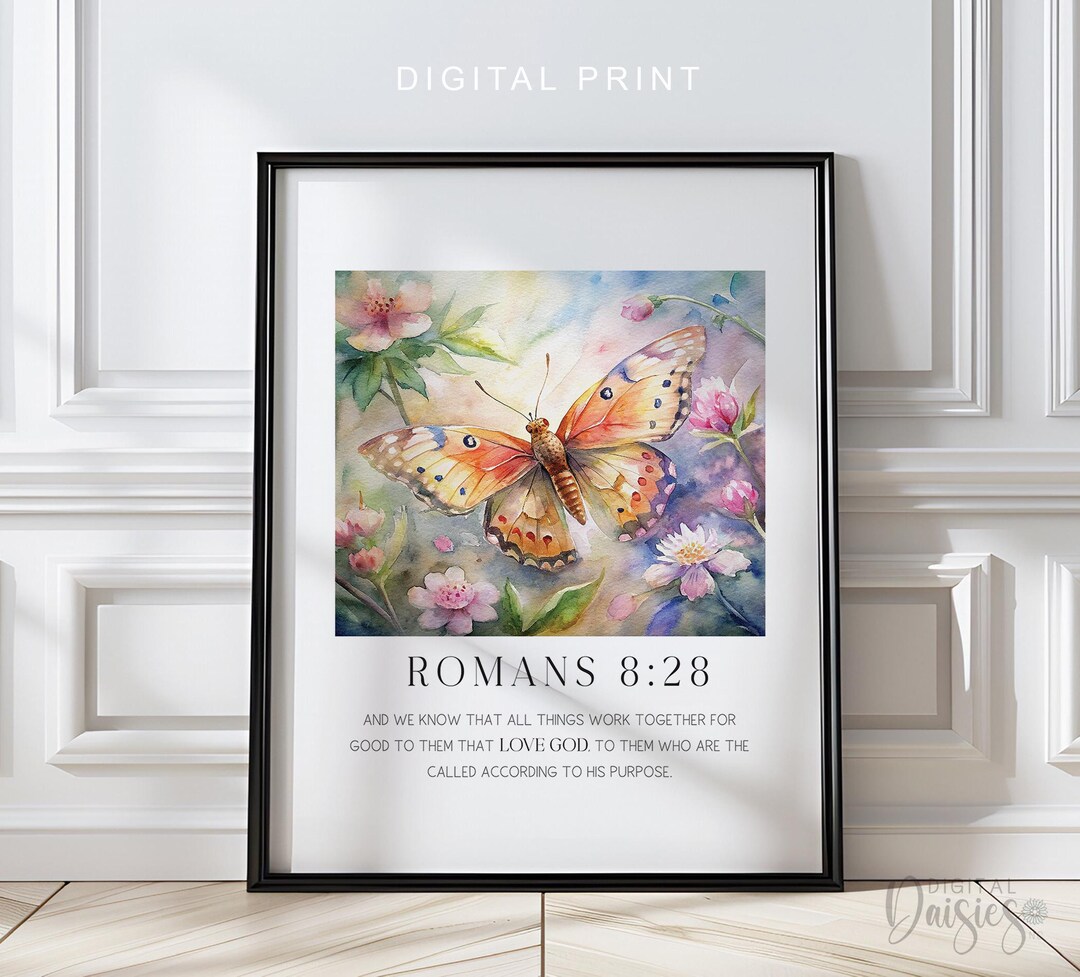 Butterfly Bible Verse Wall Art, Romans 8:28 Purple Pink Wildflower ...
