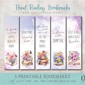 Book Lovers Bookmark Set, INSTANT digital download PNG Printable, Floral Positive Reading Bookmarks