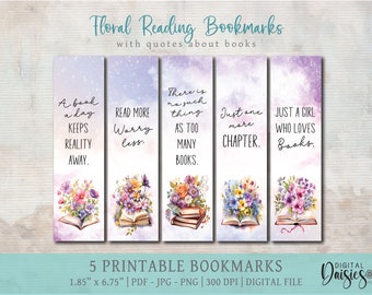 Conjunto de marcadores para amantes de los libros, descarga digital INSTANTÁNEA PNG imprimible, marcadores de lectura positivos florales