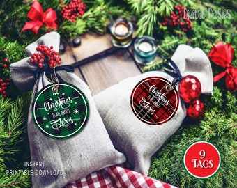 Buffalo Plaid Printable Gift Tags, Christian Printable Tags Set of 9, DIGITAL download PNG PDF, Christmas is All About Jesus Round Labels