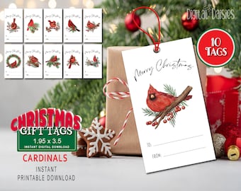 Cardinal Birds Printable Gift Tags, Set of 10, Christmas Gift Tags, DIGITAL download PNG PDF, Cardinal Holiday Gift Tags