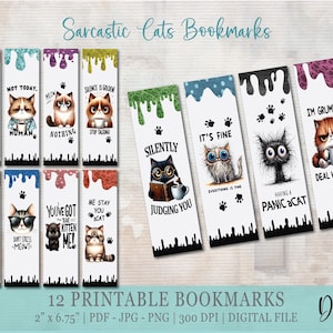 Katze Humor Lesezeichen Set, Set mit 12 Lesezeichen zum Ausdrucken, sarkastische Katze Zitate, Cartoon Katzen, sofortiger digitaler Download PNG, Lesebuchclub