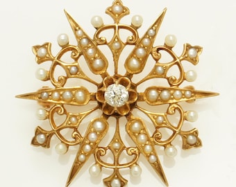 Vintage Pearl ~ Diamond Starburst Brooch