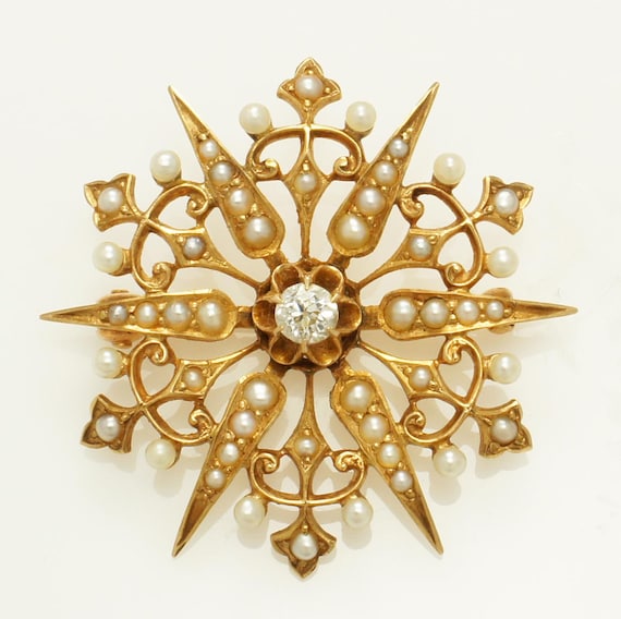 Vintage Pearl ~ Diamond Starburst Brooch - image 1