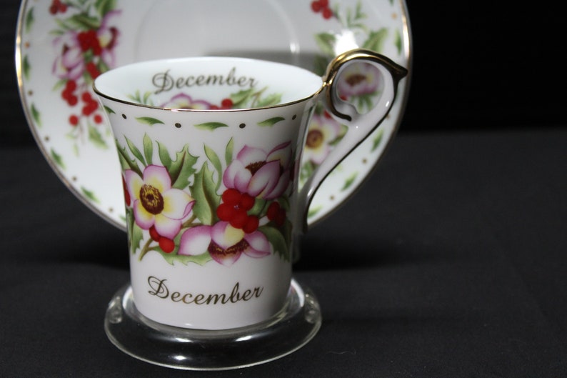 T144 Green and Gold China Christmas Rose Vintage December Floral Tea Cup or Coffee Cup and Saucer Pink Red Birthday Gift Holly Berry