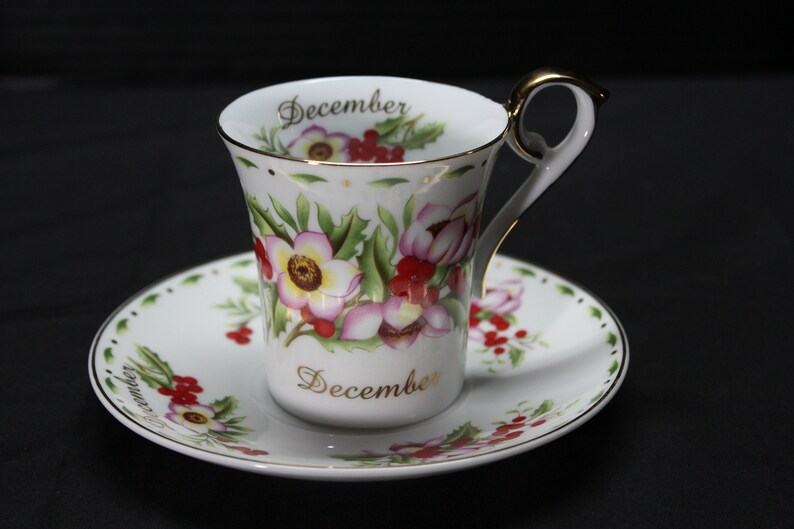 T144 Green and Gold China Christmas Rose Vintage December Floral Tea Cup or Coffee Cup and Saucer Pink Red Birthday Gift Holly Berry