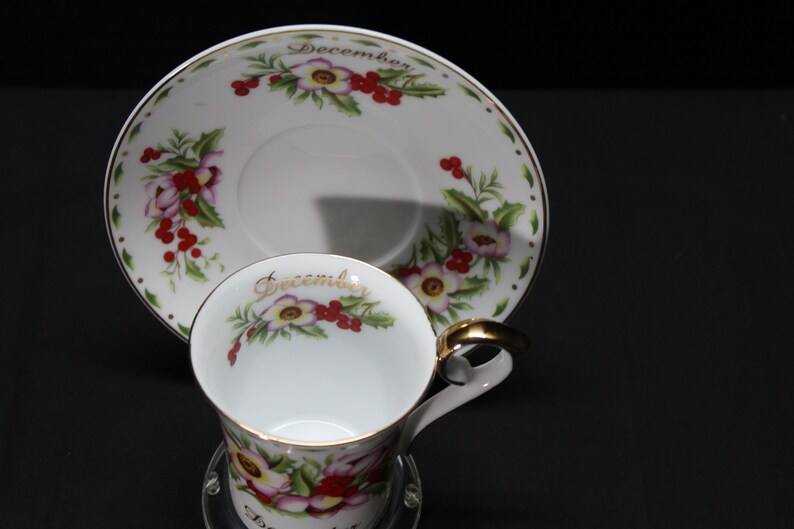 T144 Green and Gold China Christmas Rose Vintage December Floral Tea Cup or Coffee Cup and Saucer Pink Red Birthday Gift Holly Berry