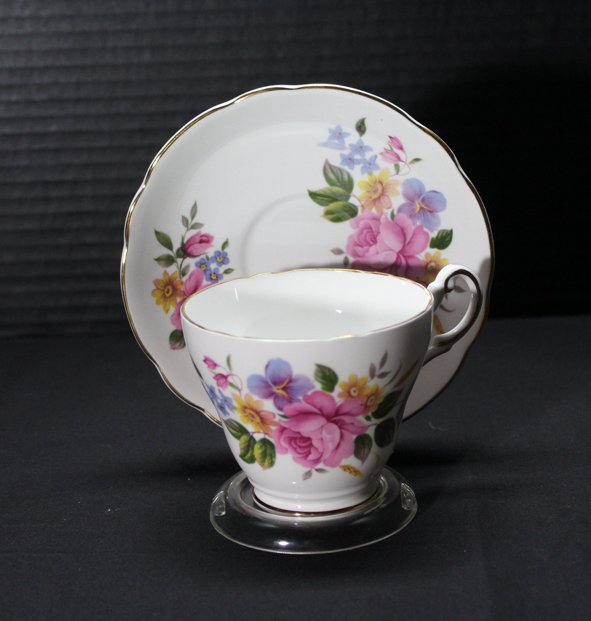 Vintage Regency bone china pink floral teacup and saucer