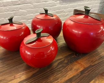 Vintage Tin Set of 4 Red Apple Canisters