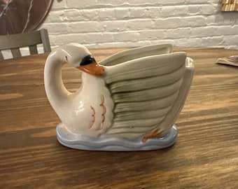 Vintage handgeschilderde Japanse vaas kleine zwaan plantenbak