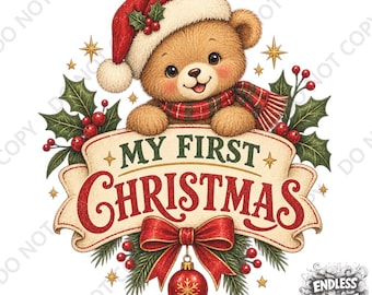 My First Christmas DTF Transfer: Teddy Bear Iron-On Xmas Design