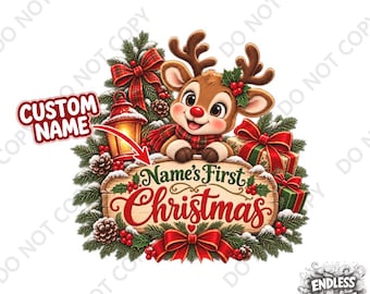 Custom Name My First Christmas  Iron-On DTF Transfer: Xmas Reindeer Design